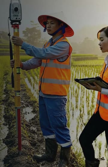 Hai cán bộ đo đạc trên ruộng lúa, một người cầm sào đo, một người cầm máy tính bảng, trích từ phim dữ liệu đất đai