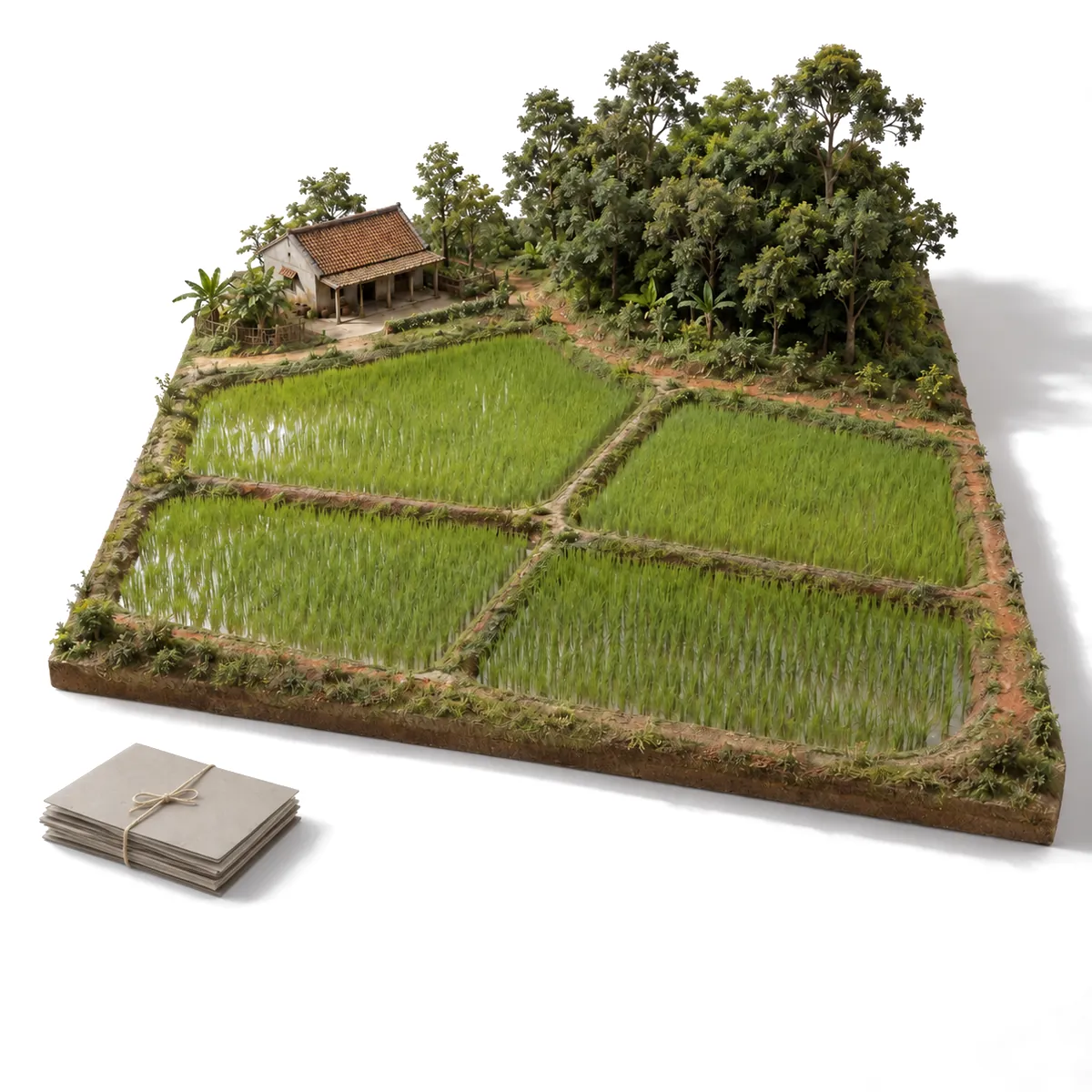Generated image: a studio model of one growing area with a first stack of household and forest-lot files beside it