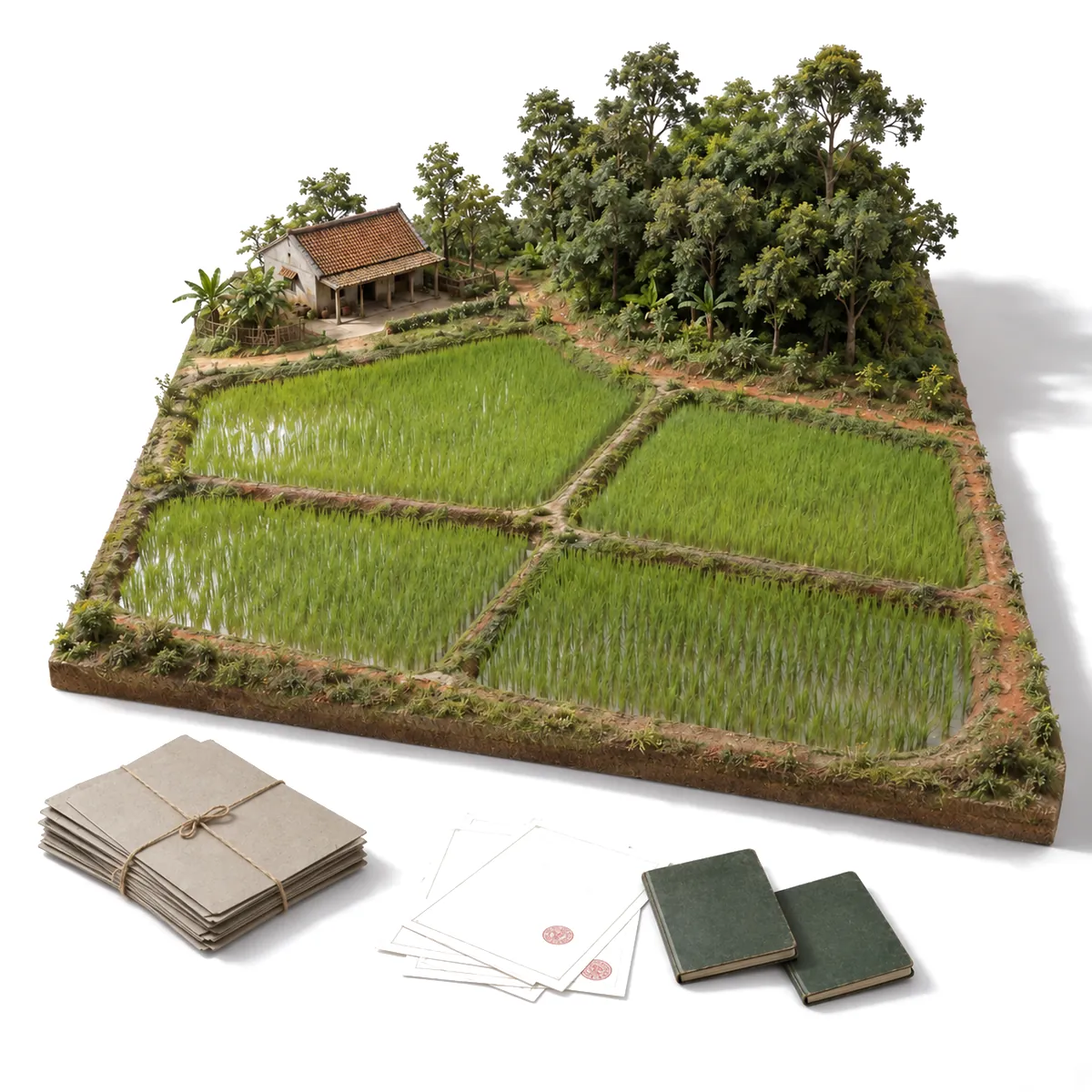 Generated image: the same model, now with certificates and field logbooks added to the pile