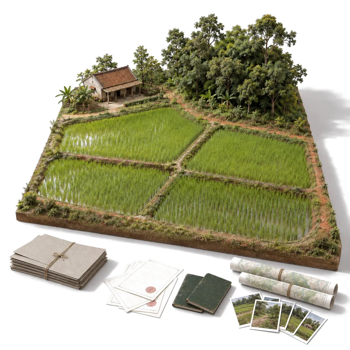Generated image: the same model, with rolled maps and field photographs added to the pile