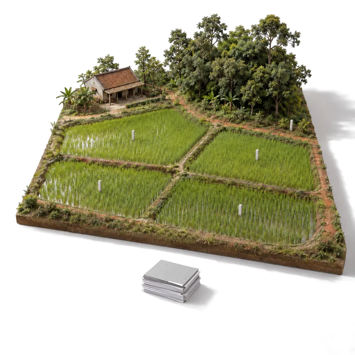 Generated image: the same model with the records sorted into one neat stack and a white stake in every field
