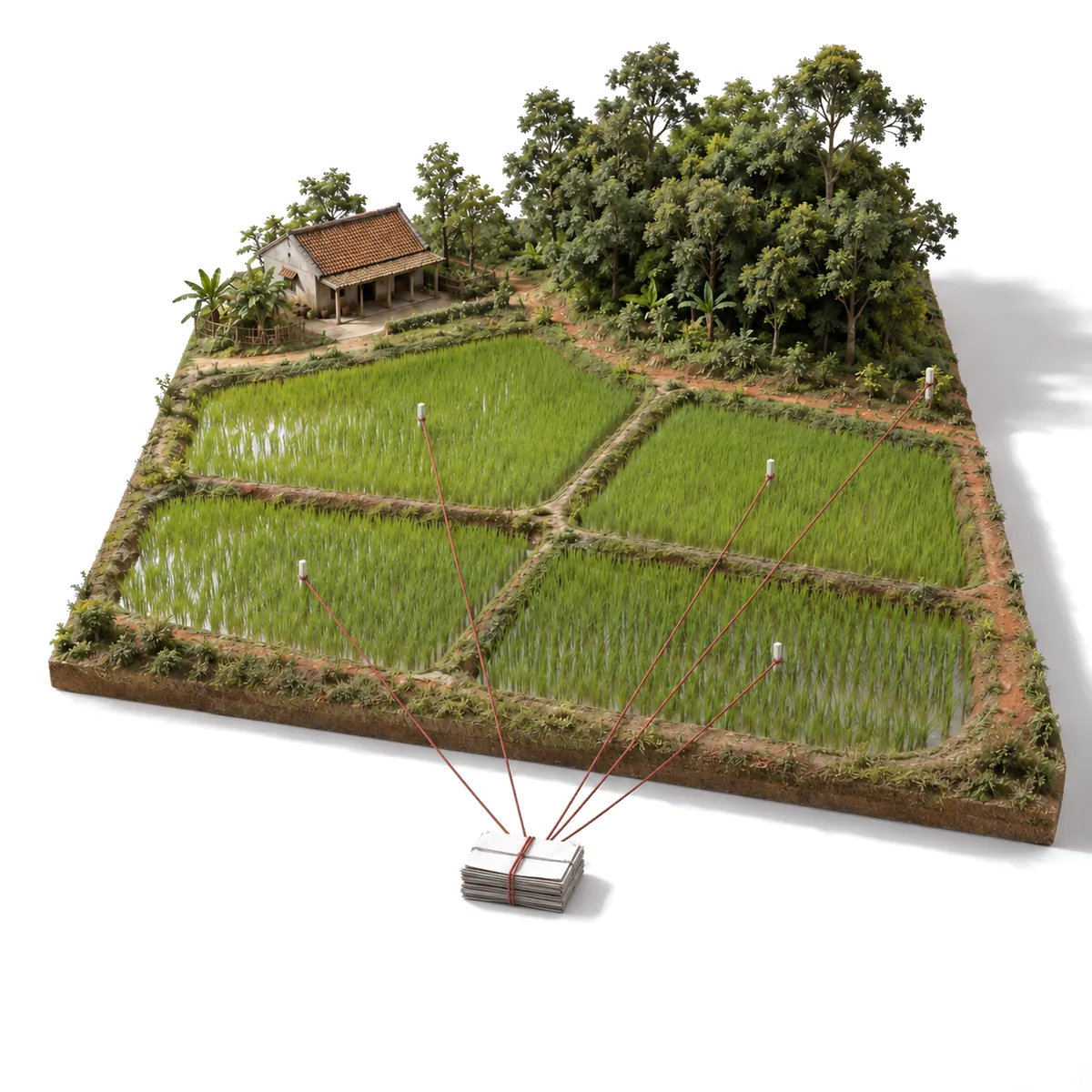 Generated image: the same model with twine running from the stack to each field stake