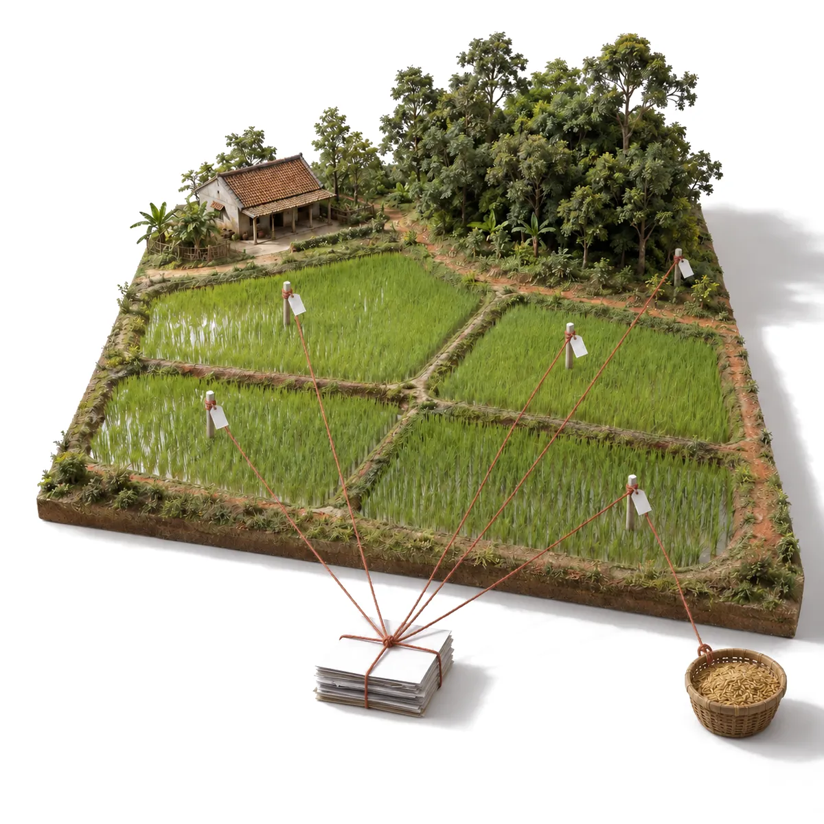 Generated image: the same model with a small crate of harvest tied to one field