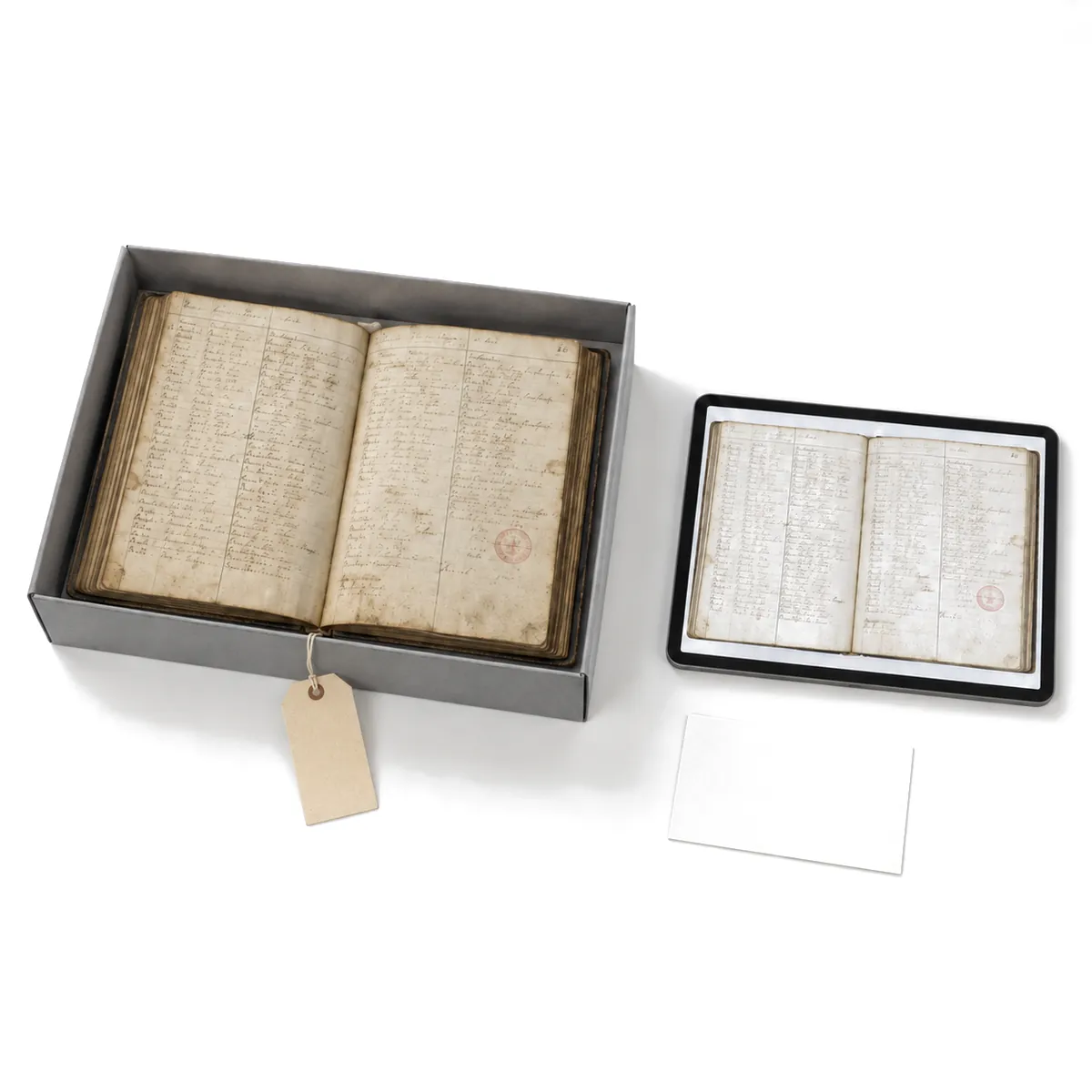 Generated image: the same tablet and ledger, now with a paper tag tied to the box and a blank catalog card beside the tablet