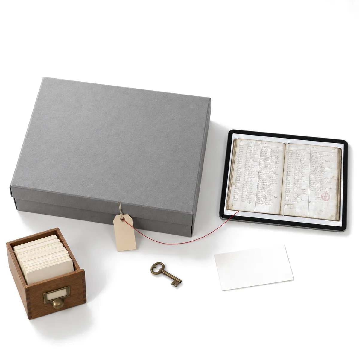 Generated image: the same scene with the lid closed on the archive box, the tablet still showing the page, the tag, drawer, key and card in place