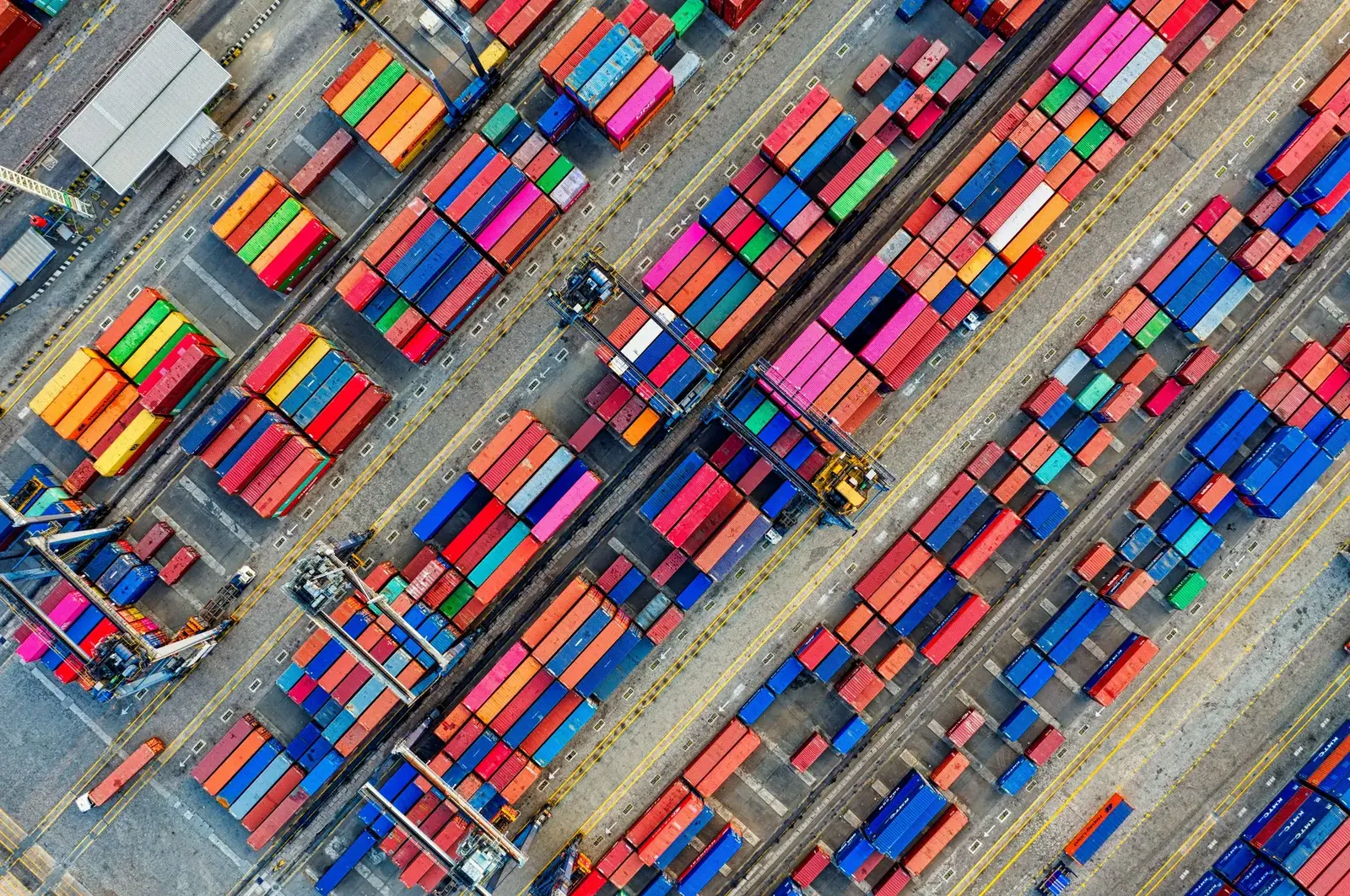 Aerial view of a container yard, thousands of containers in rows