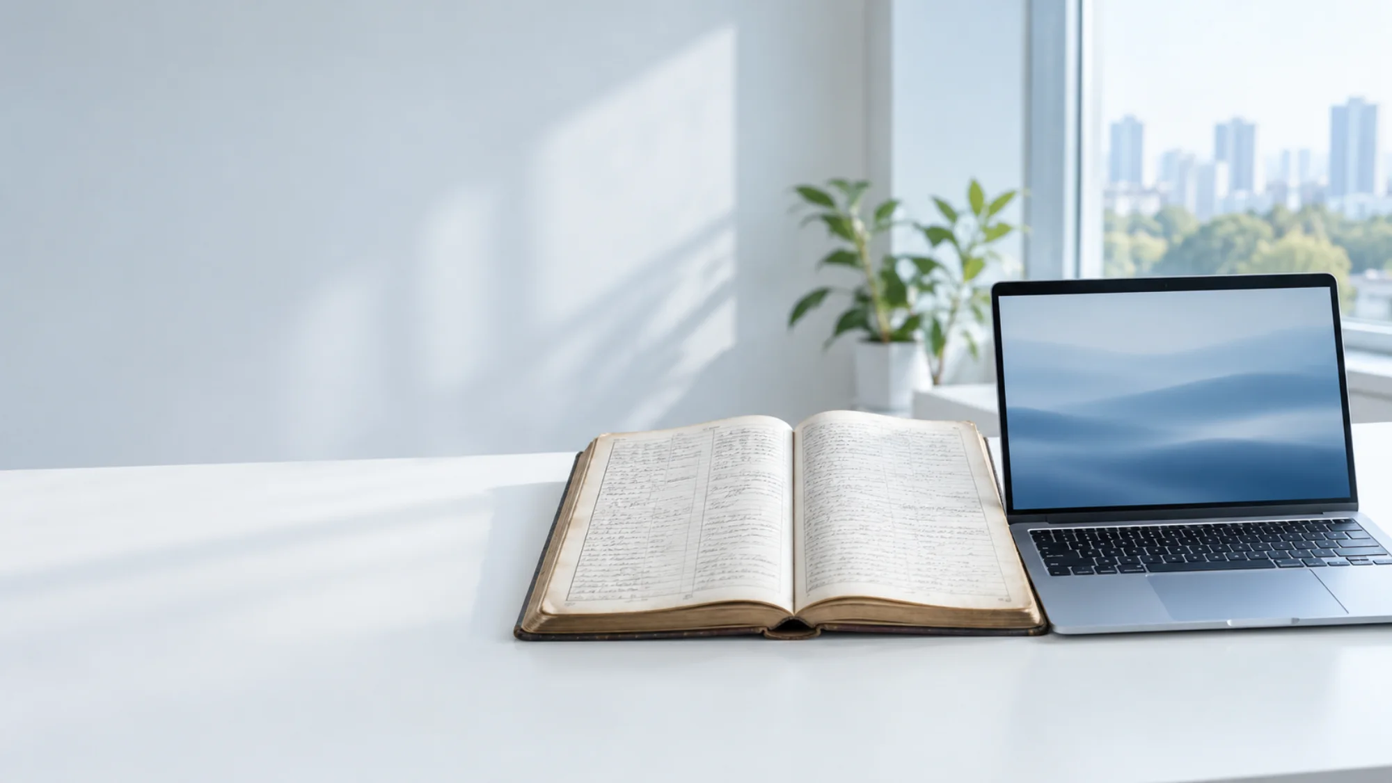 An old contract ledger lies open on a white desk, right beside a laptop
