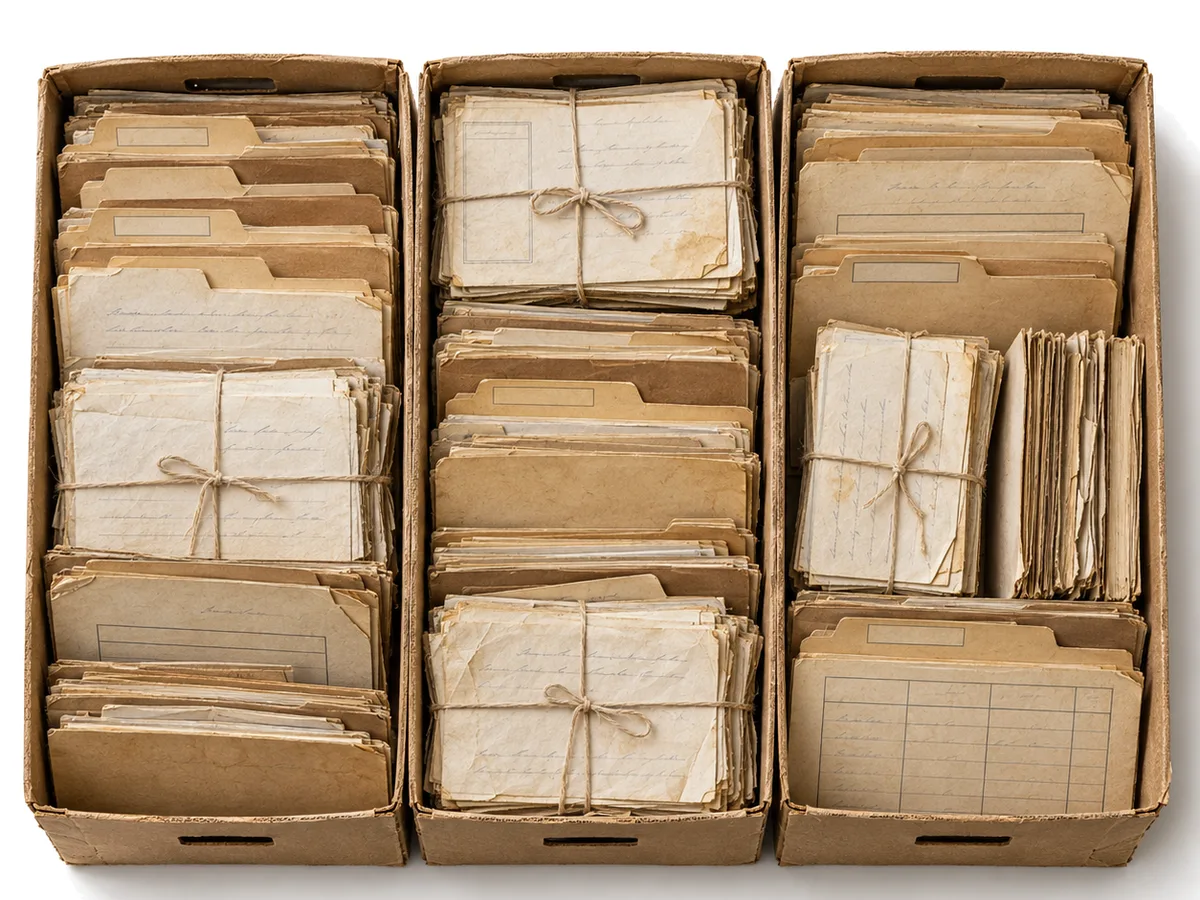 Generated image: open archive boxes packed with old school files