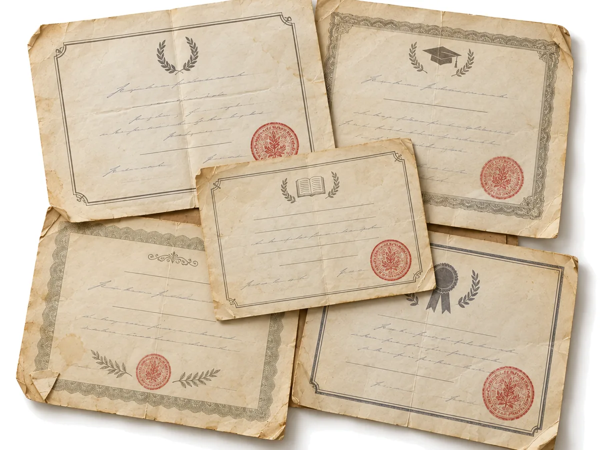 Generated image: old diplomas and school certificates with red stamps