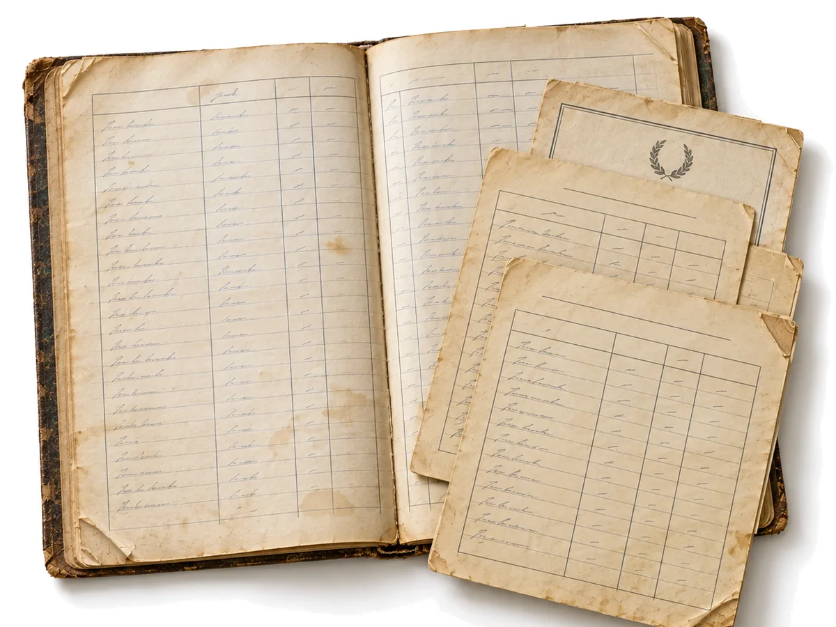 Generated image: an old enrolment register and a stack of handwritten report cards