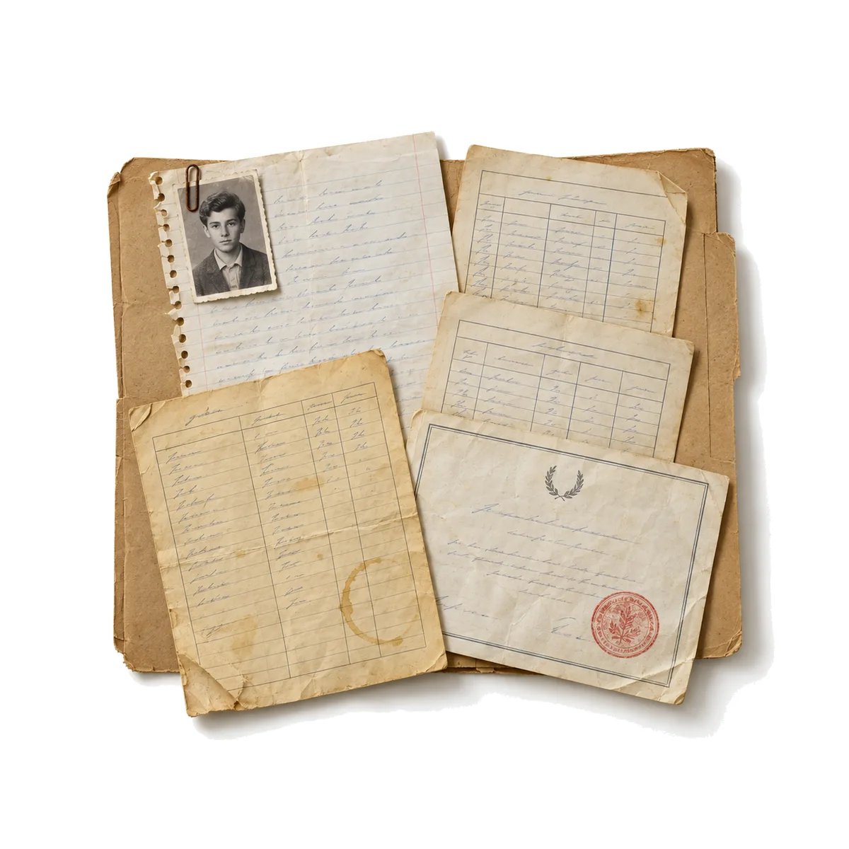 Generated image: one student's file folder with loose old papers and an ID photo