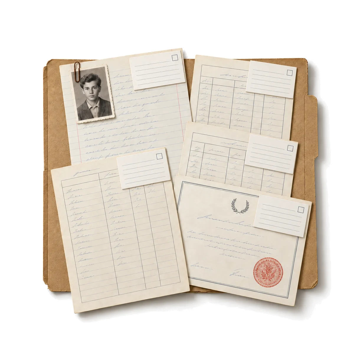Generated image: the same papers, each with a matching new record card