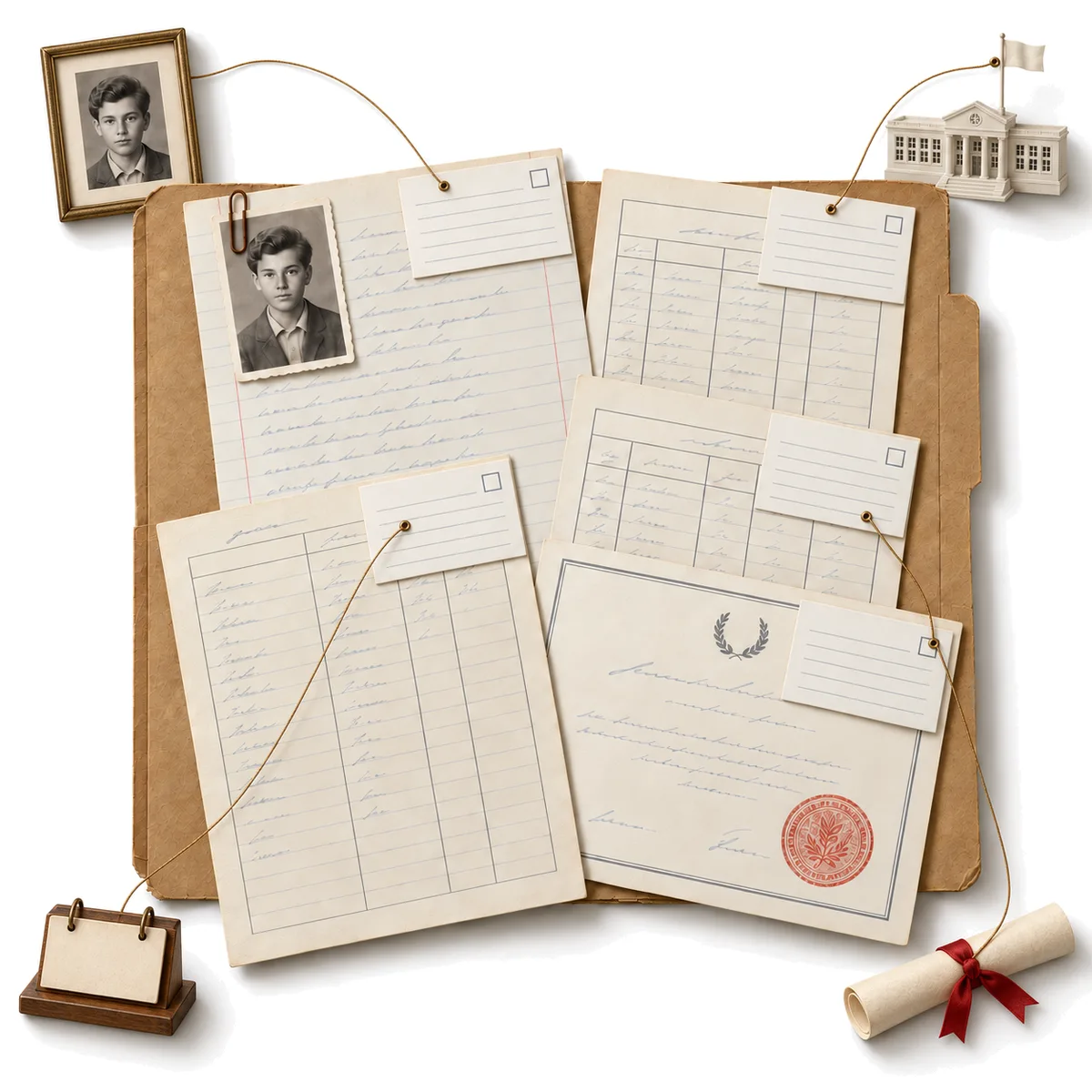 Generated image: threads tie the record cards to a portrait, a school, a calendar and a diploma