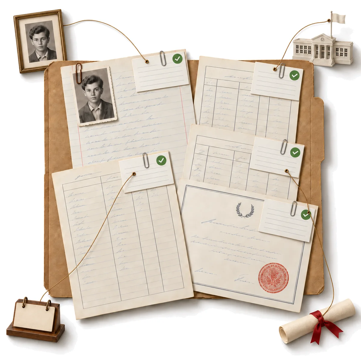 Generated image: each record card now carries a green check and is clipped to its page