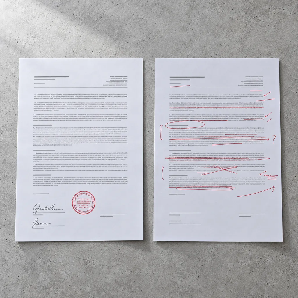 Generated picture: two copies of the same contract, one signed and stamped, one covered in corrections