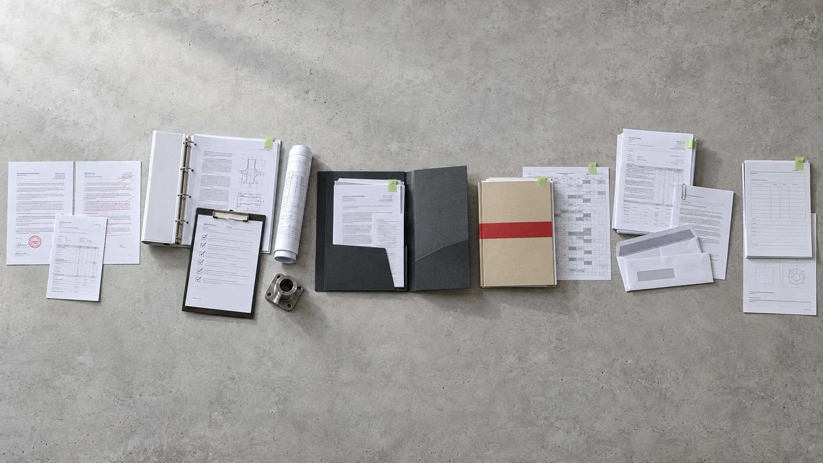 Generated picture: one customer's files on a long grey table, seen from above, in five department piles around an open customer folder