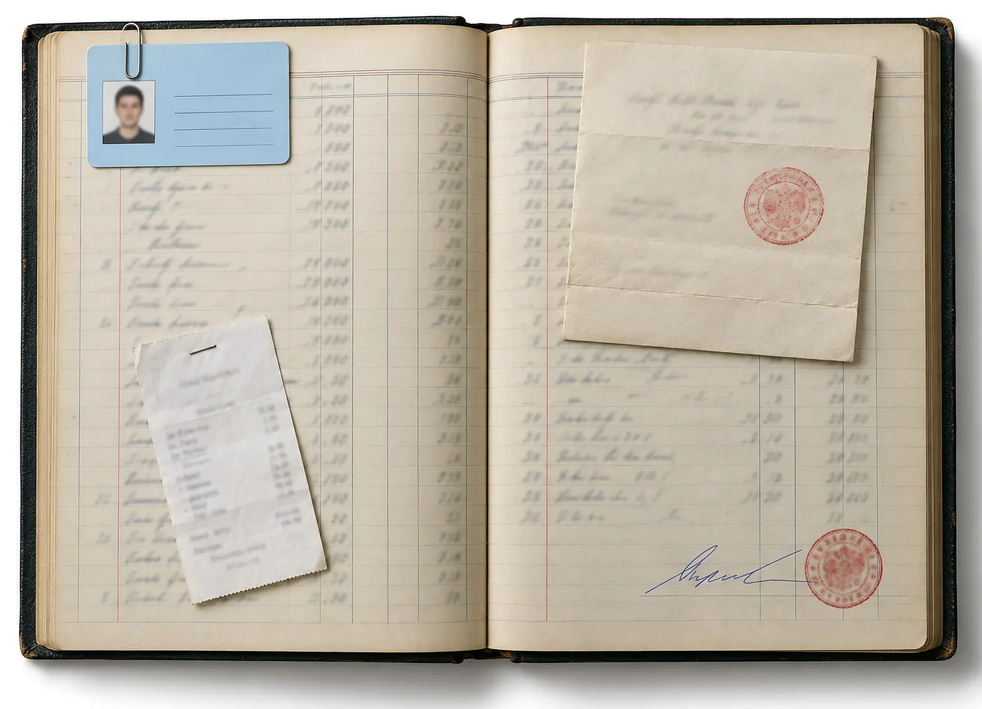 Generated picture: an open bound ledger with a clipped ID card, a stapled receipt, a stamped deed and a signed, stamped line