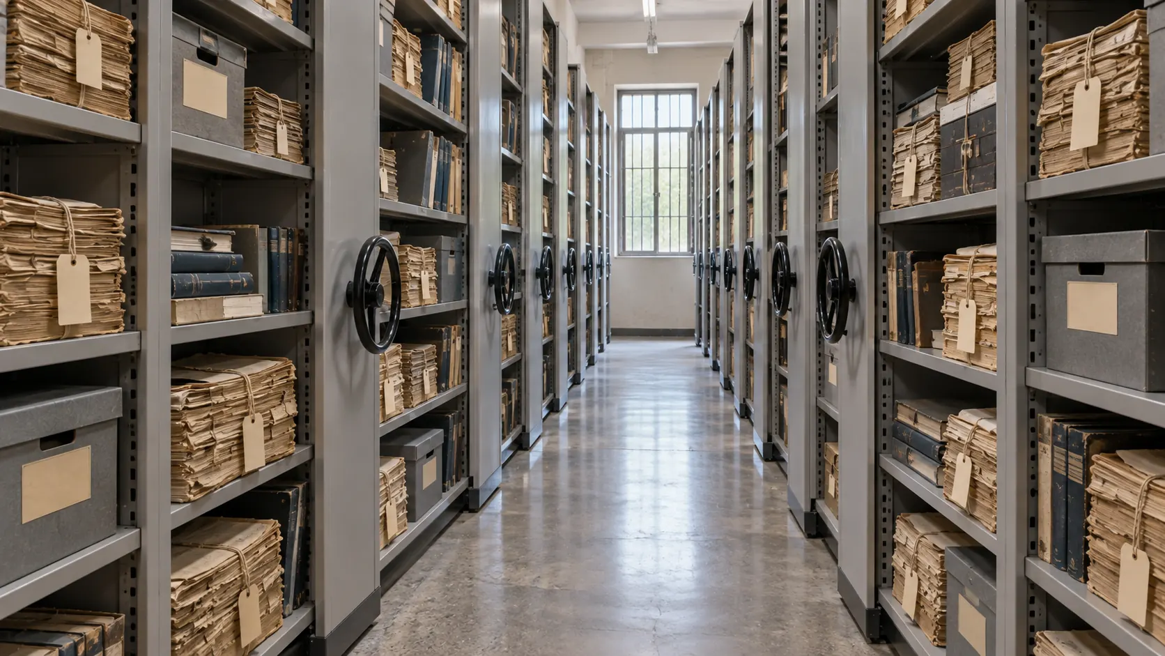 Generated image: an aisle between mobile archive shelves, tied bundles of records on the shelves