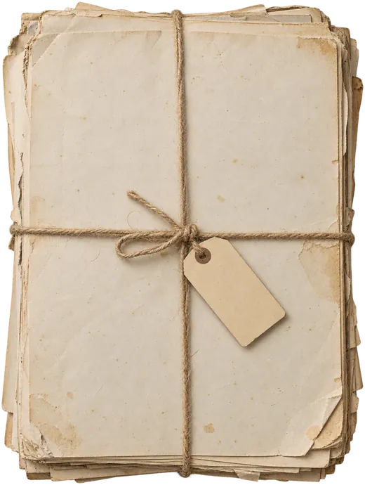 Generated image: a bundle of paper records tied with string, its tag left blank