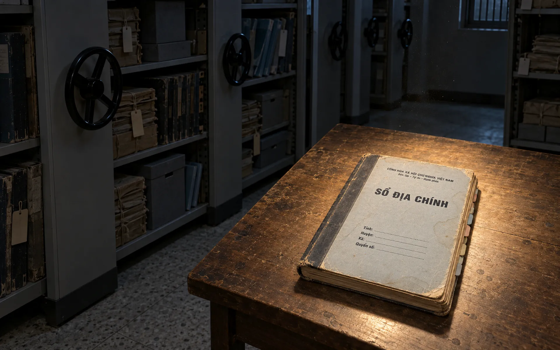 Generated image: a dark archive room, a land register lit on a desk