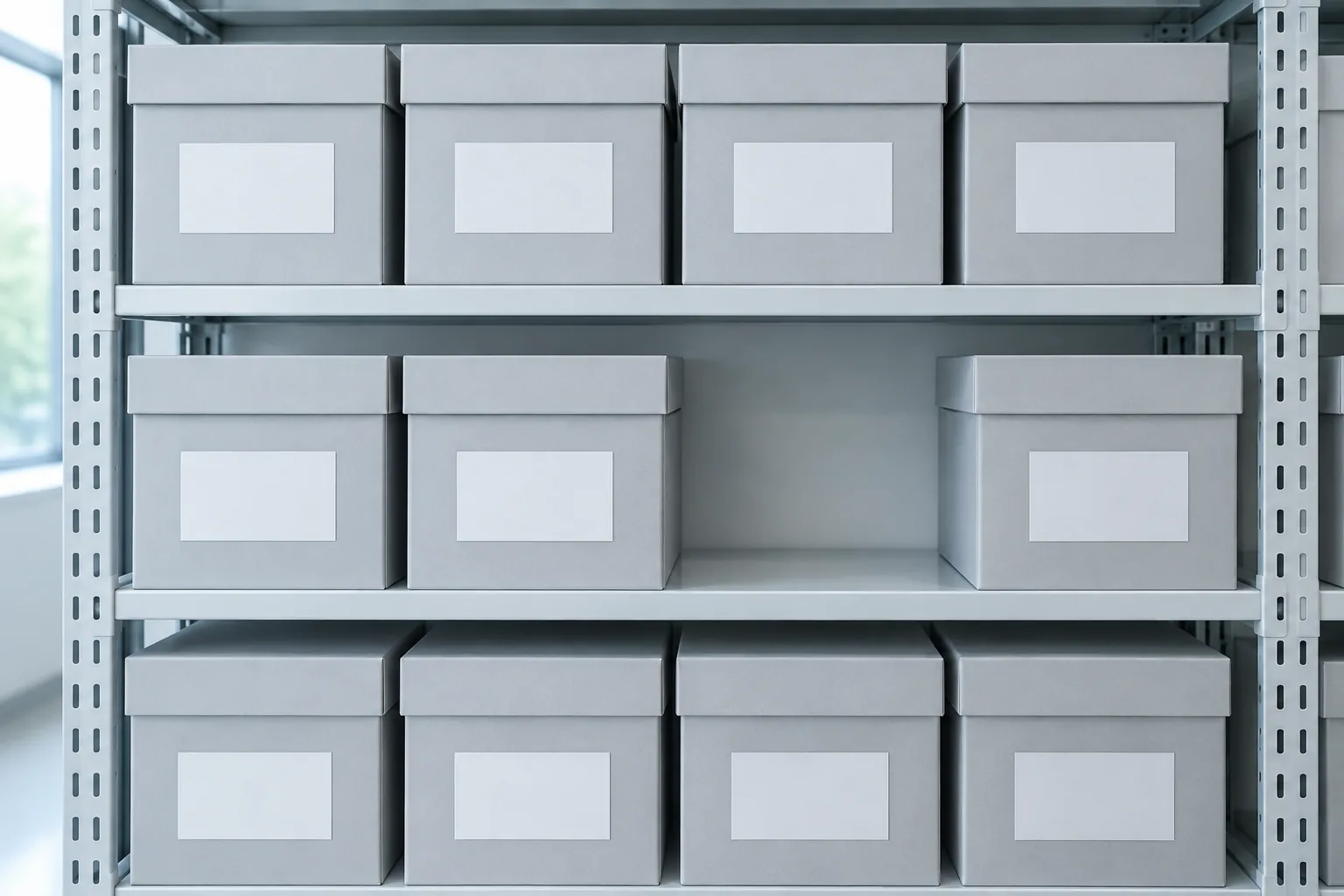 Generated image: white records shelving, three rows of grey boxes, one empty slot on the middle row