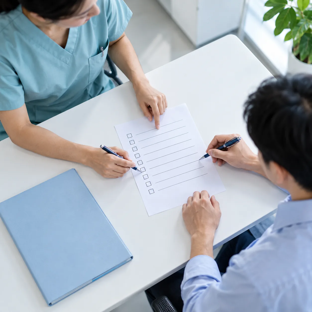 Generated image: a white meeting table from above, two people reading one printed checklist