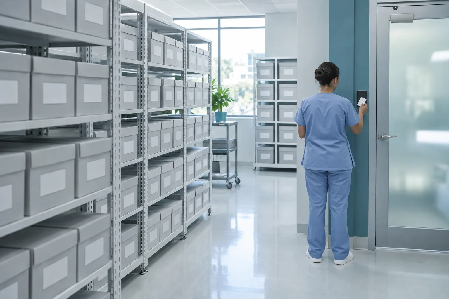 Generated image: a bright hospital records room, white shelves, a staff member tapping a card at the door