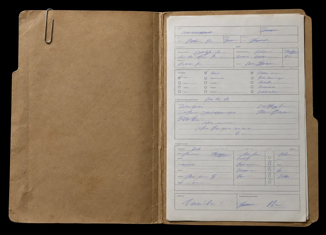 Generated sample: an open patient folder seen from above, holding one handwritten admission form