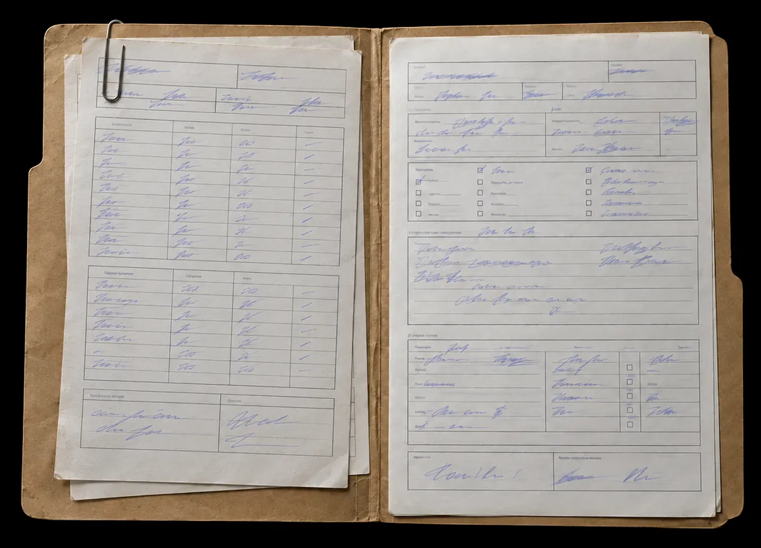 Generated sample: the same folder with two lab test sheets clipped in