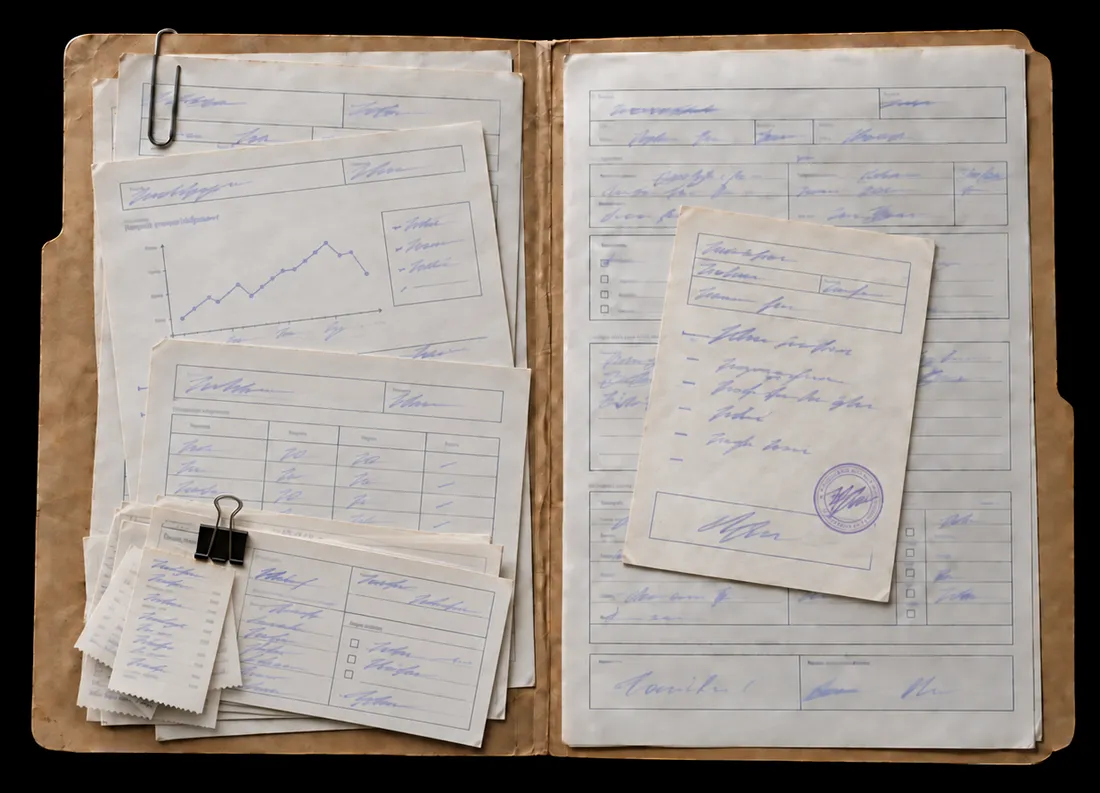 Generated sample: the same folder, now full, with receipts and an insurance form clipped in