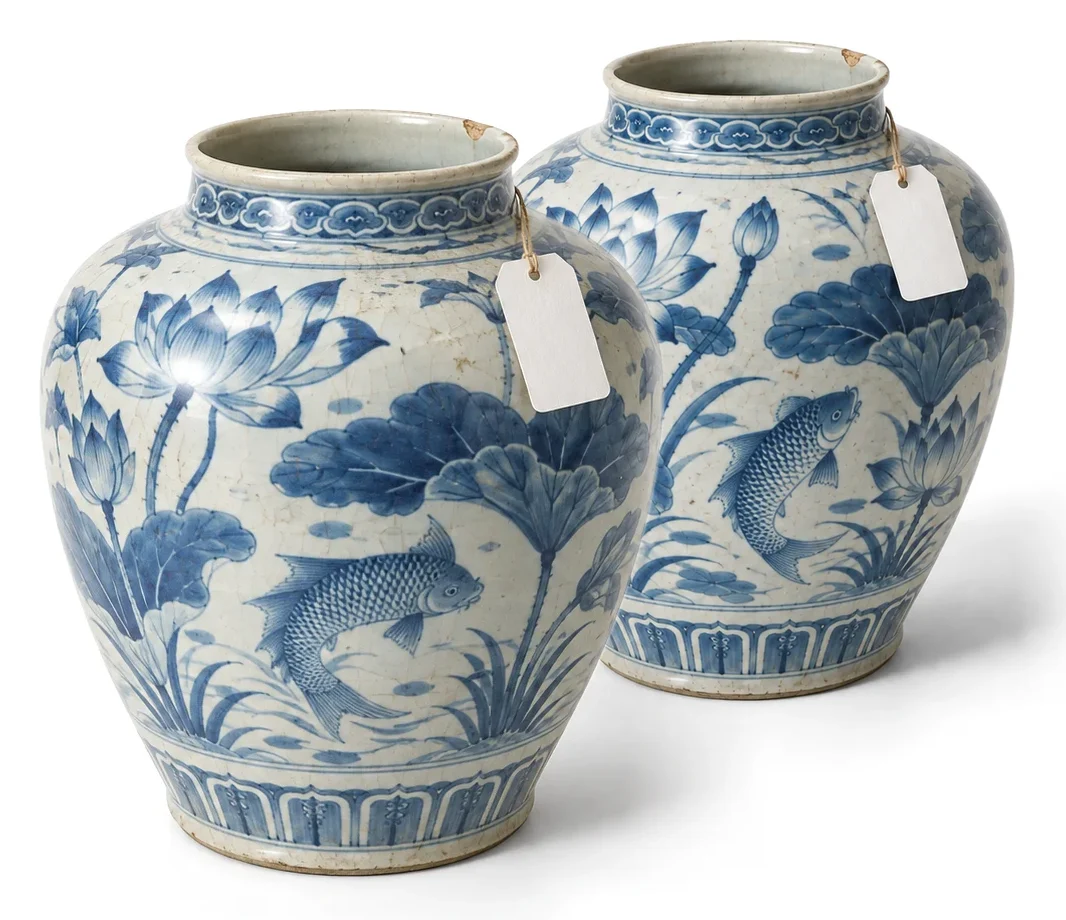 Generated image: two records of the same blue and white jar, one in front of the other, each with a blank tag