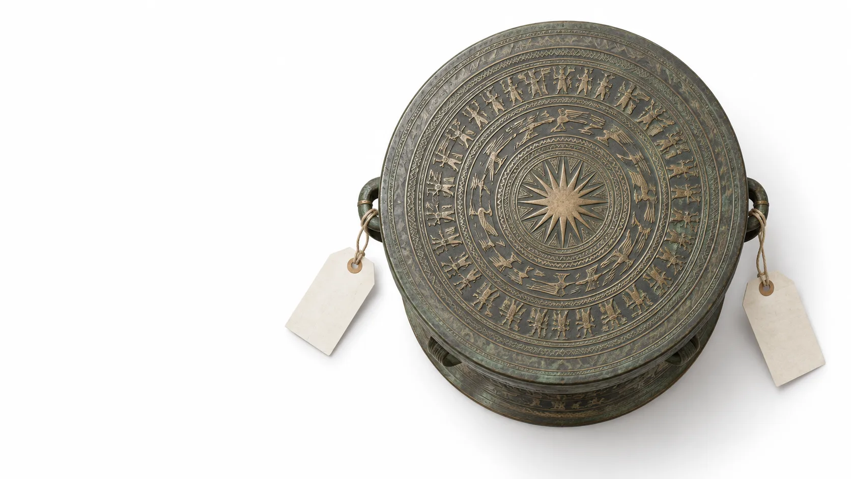 A bronze drum on a bright surface