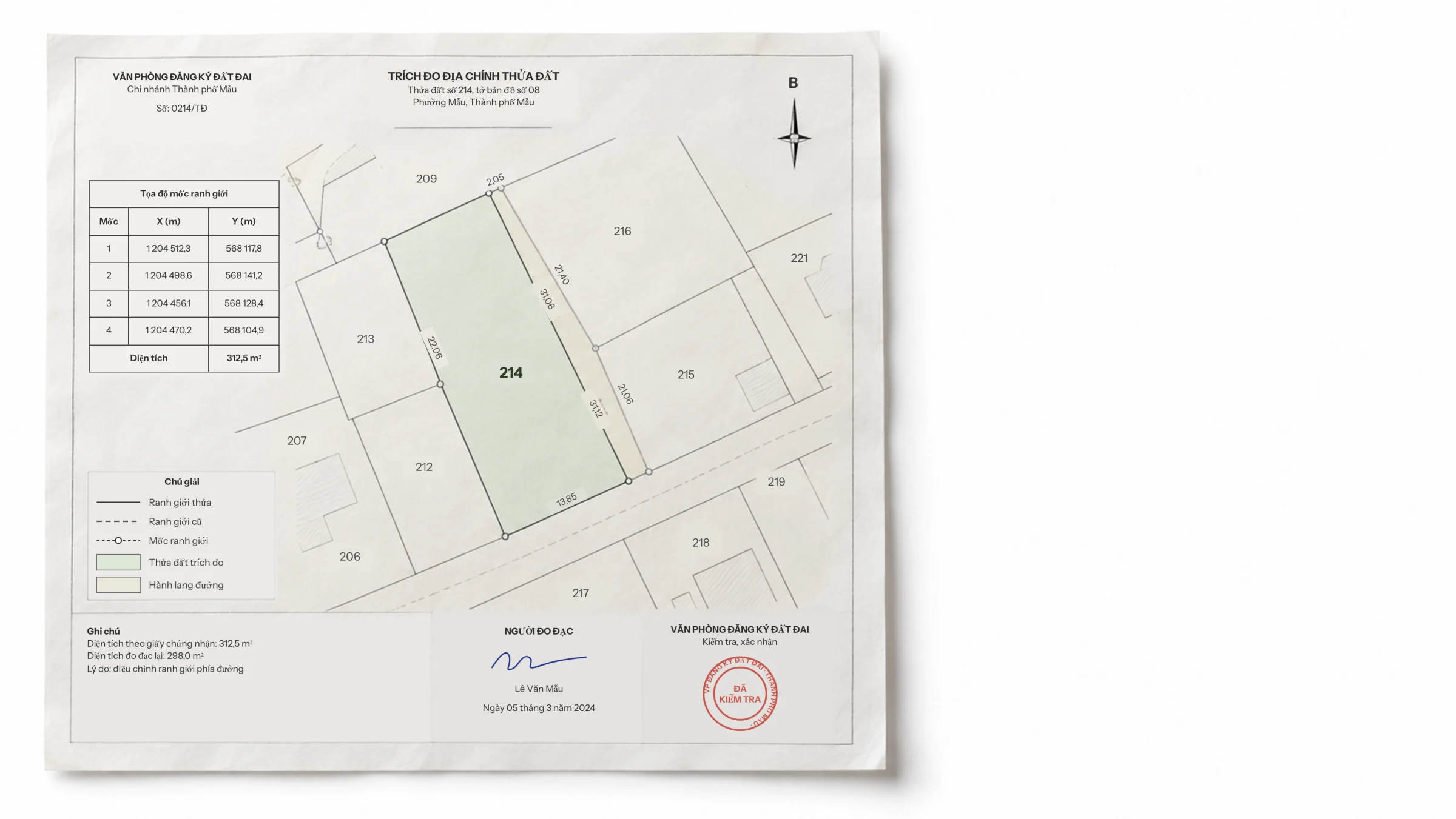 Sample cadastral survey sheet, plot 214 shaded green, with a coordinate table and a change note