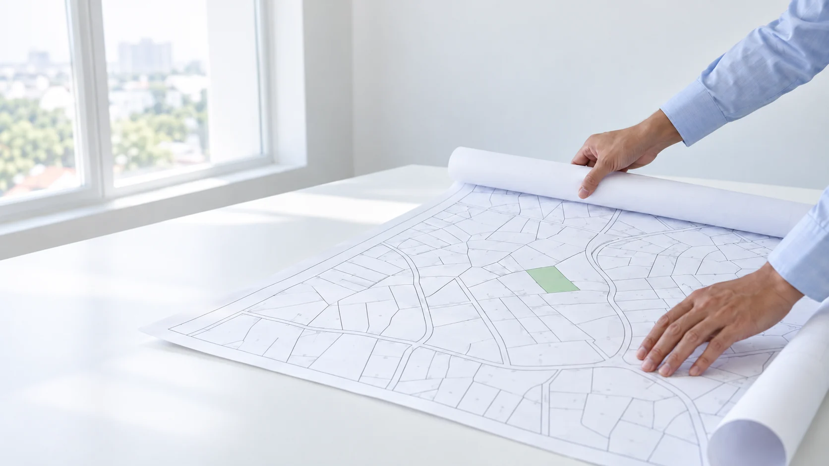 An officer spreads a large cadastral map on a white desk