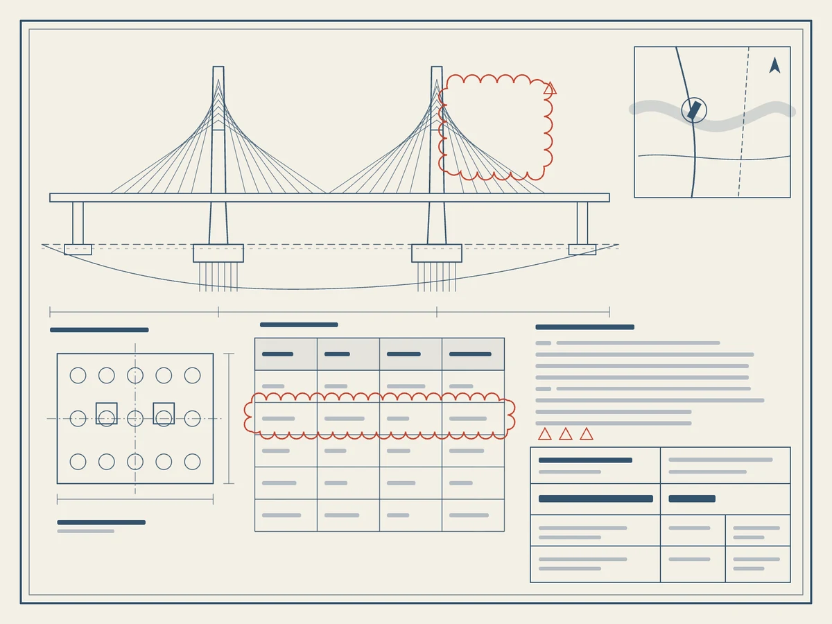 Drawn for this page: an as-built drawing sheet of a two-tower cable-stayed bridge