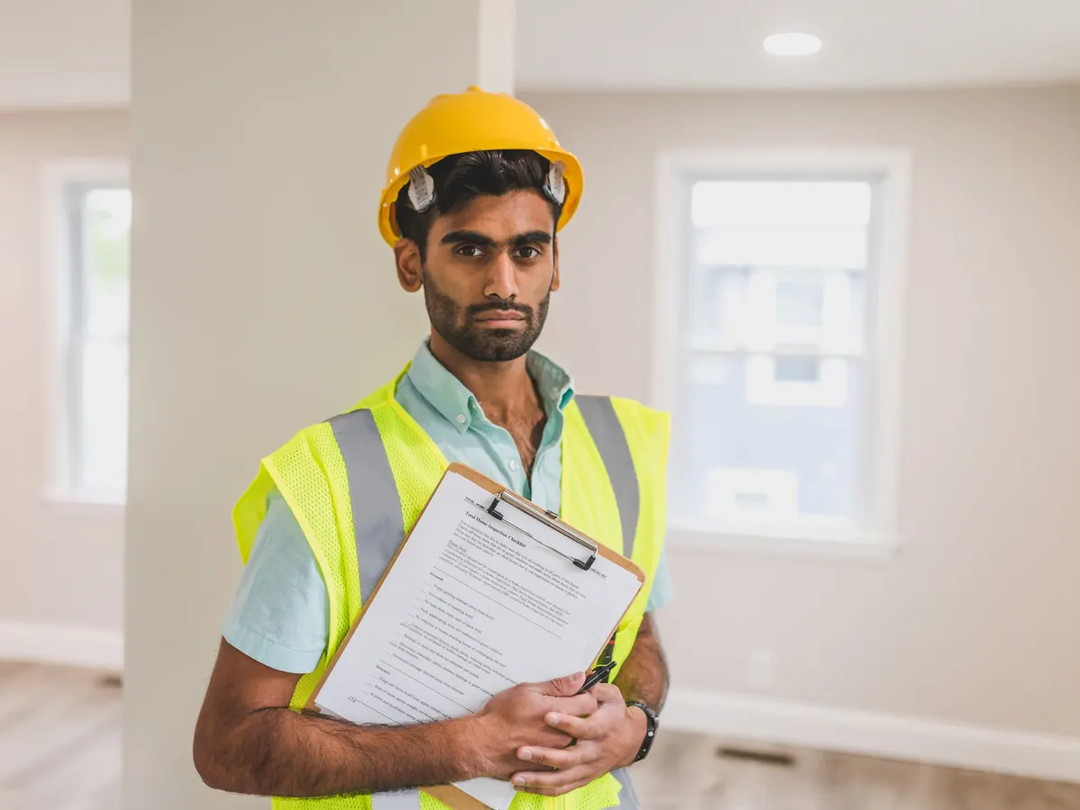 An inspector in a hard hat and safety vest holding a clipboard