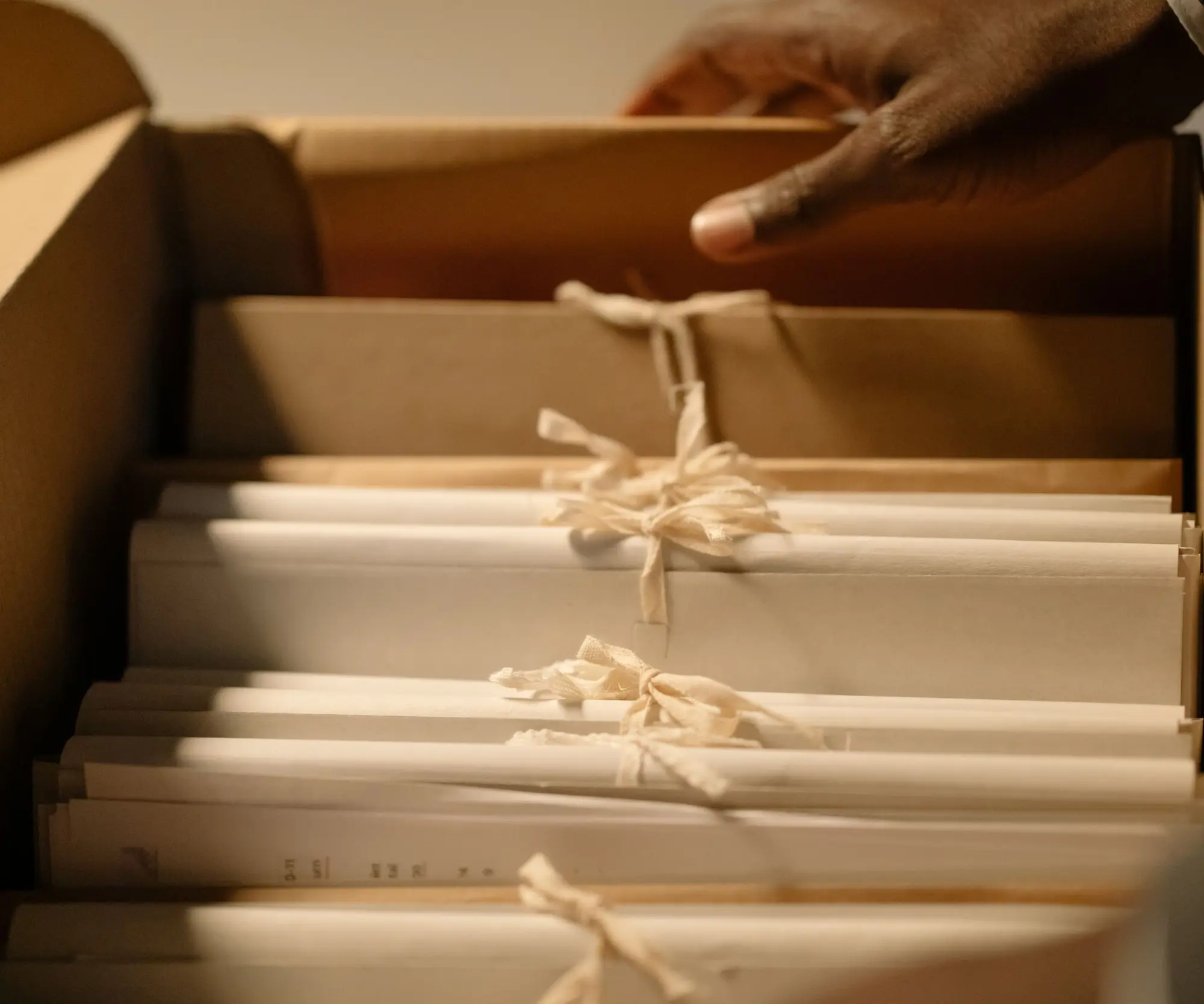 Bundles of records tied with string, stacked in a file box