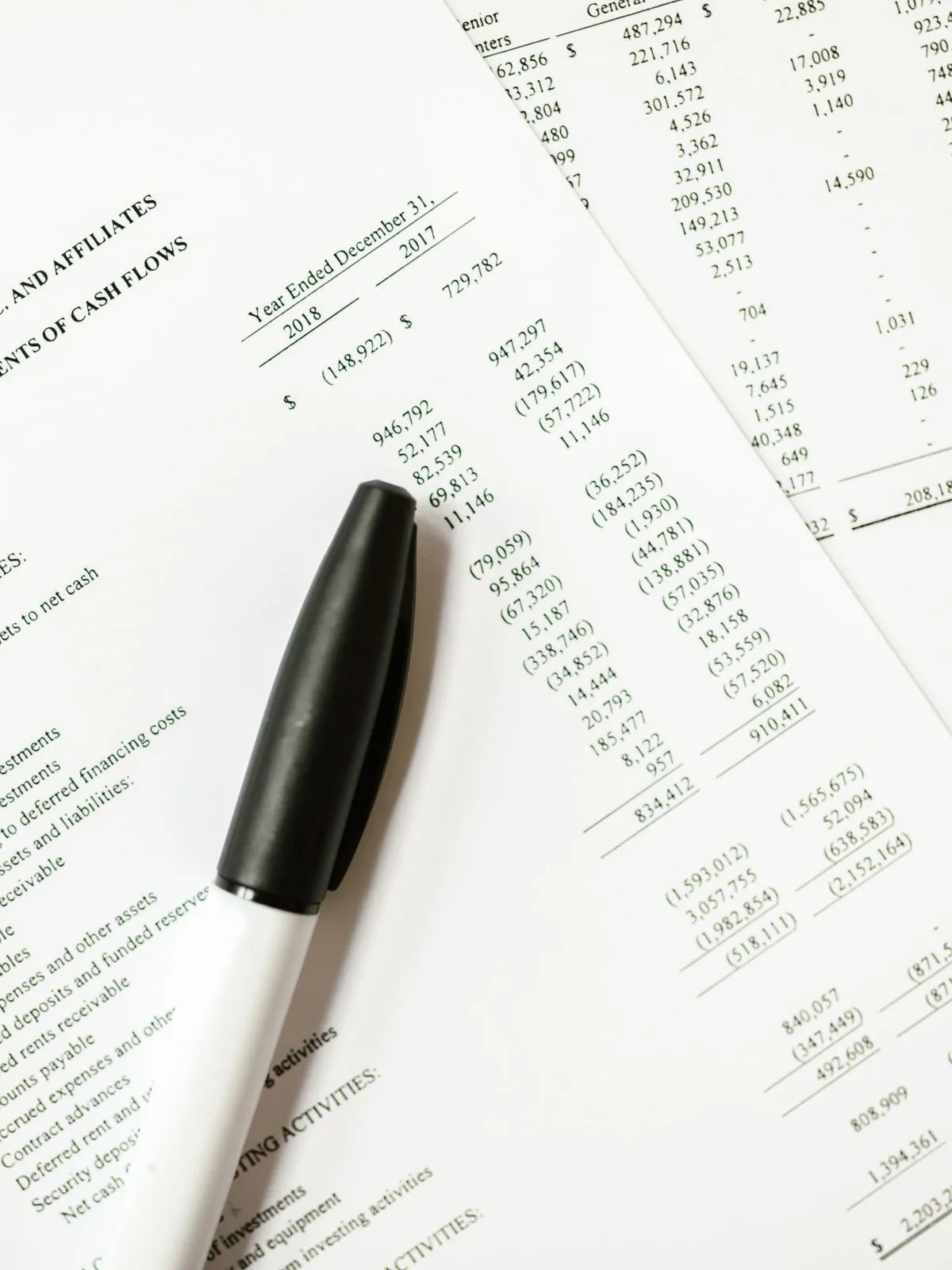 Printed statements full of figures with a marker pen