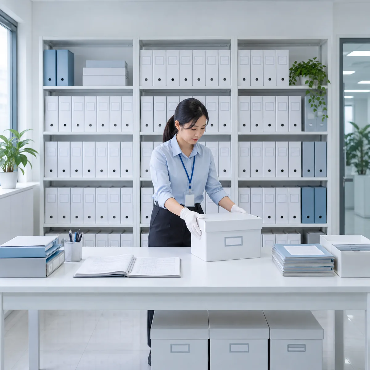 Generated image: a small company records room with a white wall of file binders.