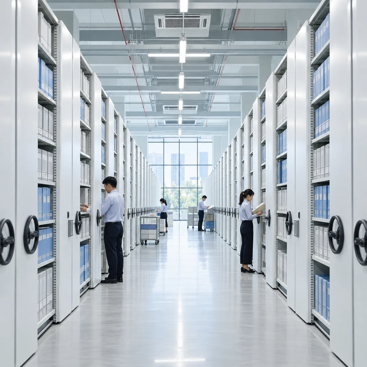 Generated image: a large high-ceilinged archive with rows of white mobile shelving stretching away.