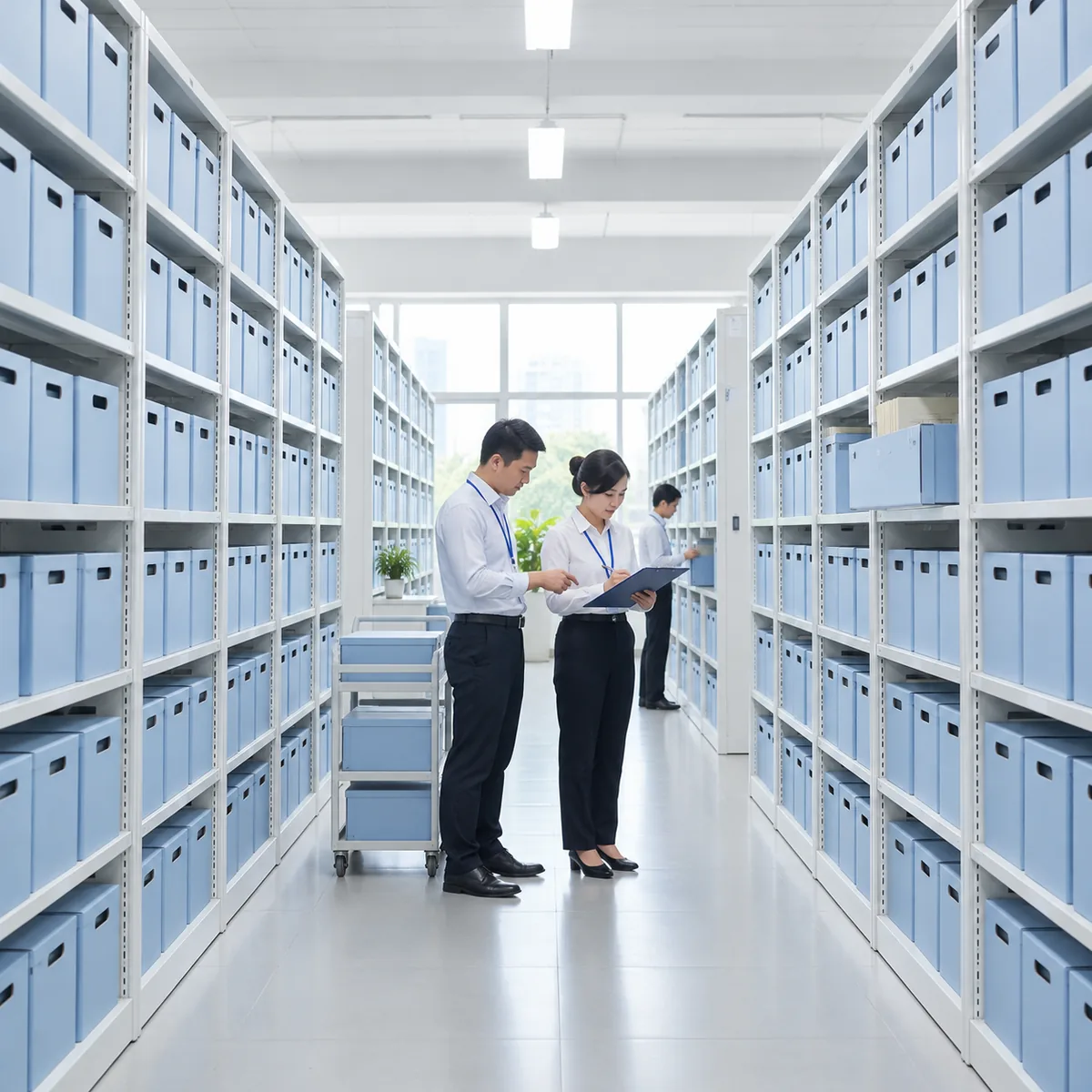 Generated image: a district records room with rows of pale blue archive boxes on white shelves.