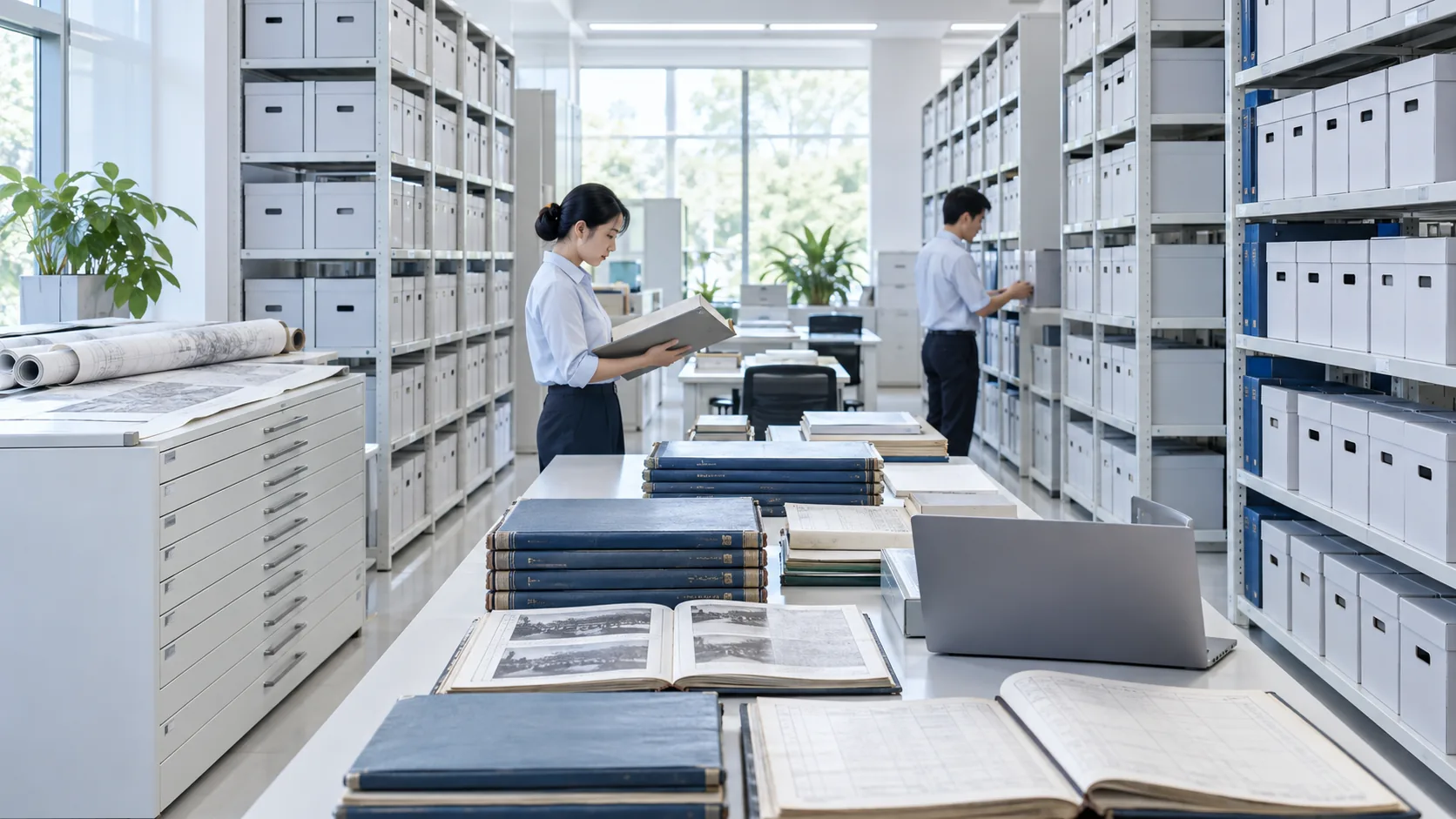 Generated image: a bright records hall with archive boxes, drawings, registers and two staff.
