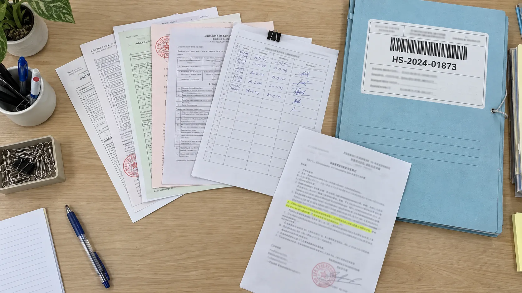 Generated image: an open public dossier seen from above, with a fanned stack of forms, a signed routing slip, a permit with one highlighted line and a folder label with a barcode