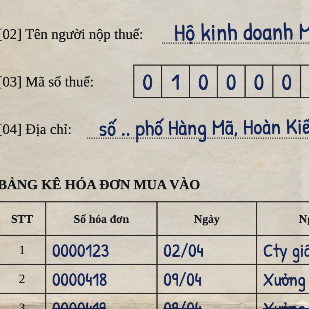 Generated image: close-up of the taxpayer name and tax code boxes, filled in by hand