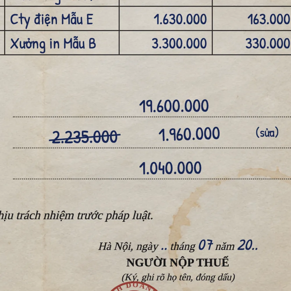 Generated image: close-up of the totals, one figure crossed out and corrected by hand