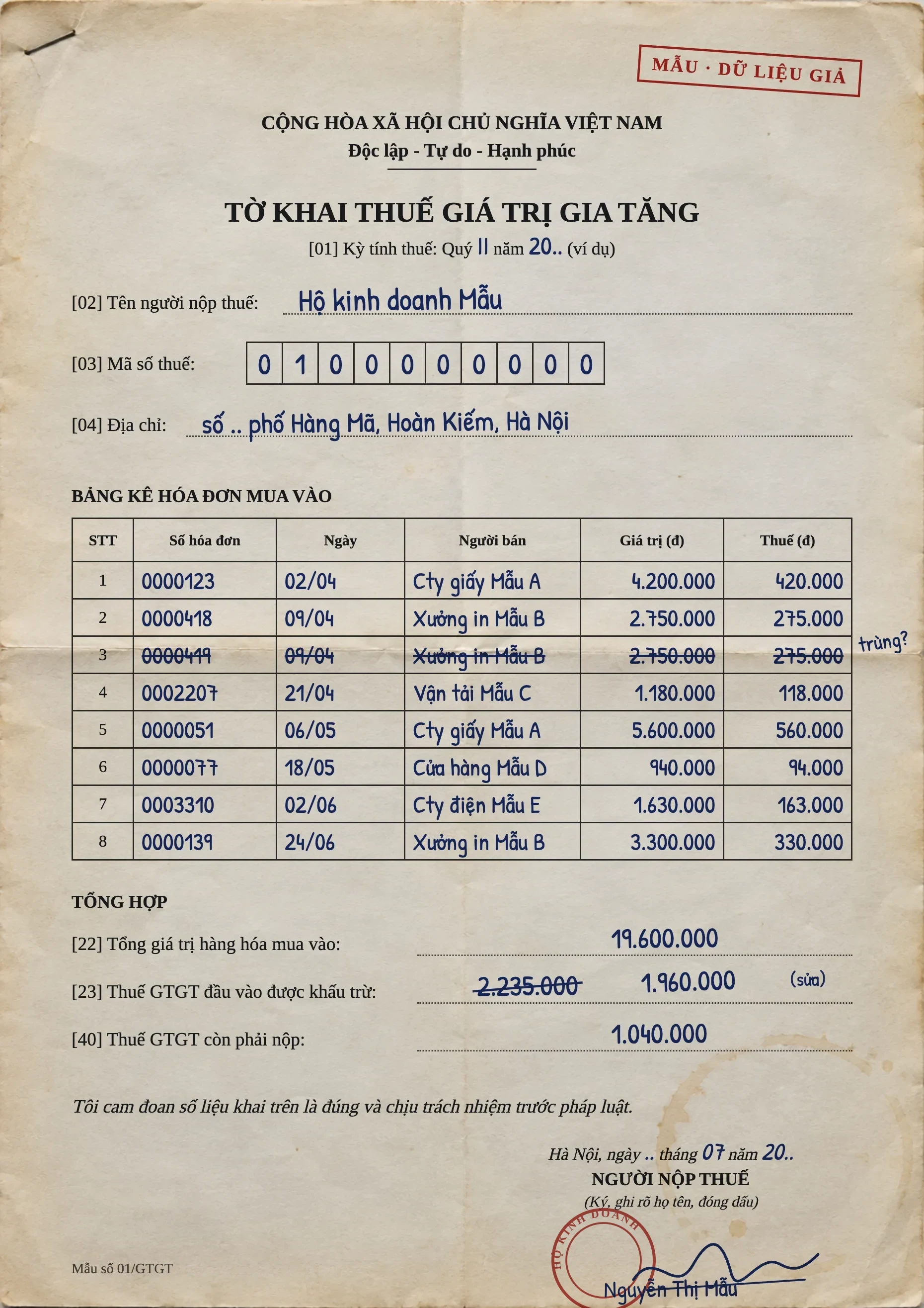 Generated image: a sample paper VAT return, filled in by hand, signed and stamped, marked as sample data