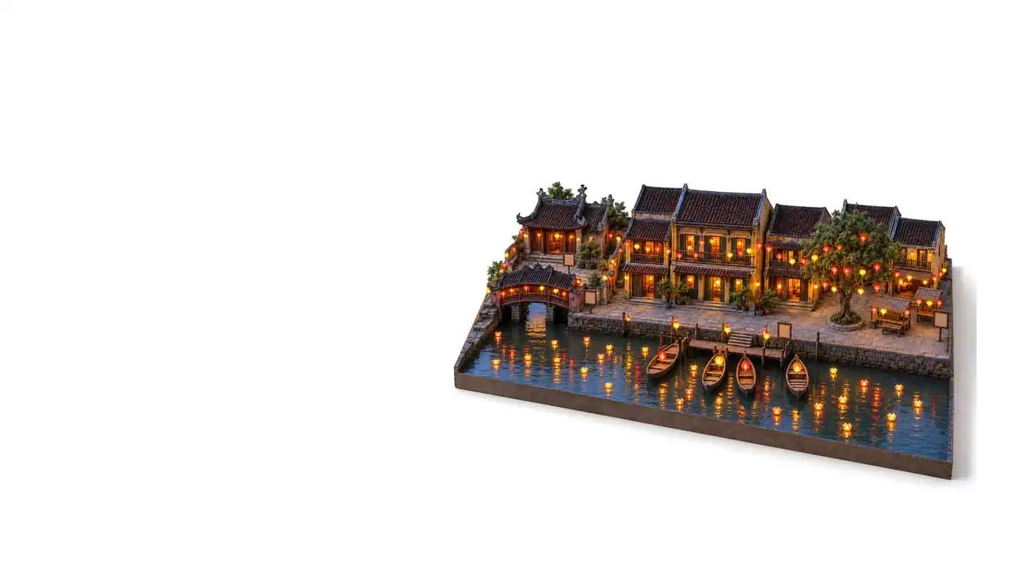 Generated image: the same old town model at night, every place lit, lantern strings linking them and floating lanterns on the river