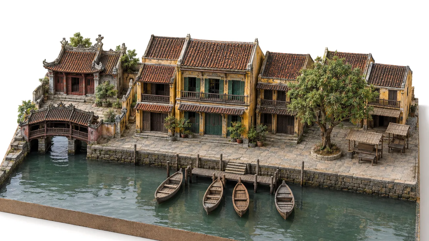 Generated image: a studio model of a riverside old town by day, with a temple, a covered bridge, yellow shophouses, market stalls, a pier and four boats