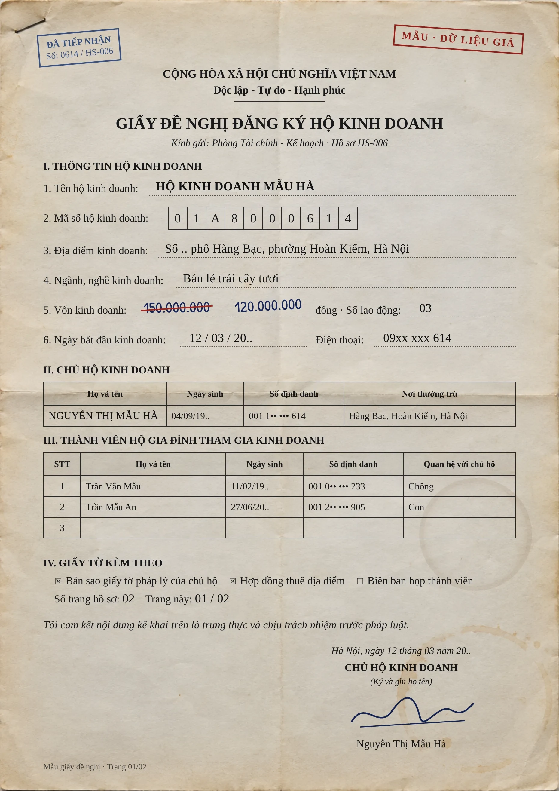 Illustration: sample form HS-006, capital hand-edited from 150 to 120 million, fake data.