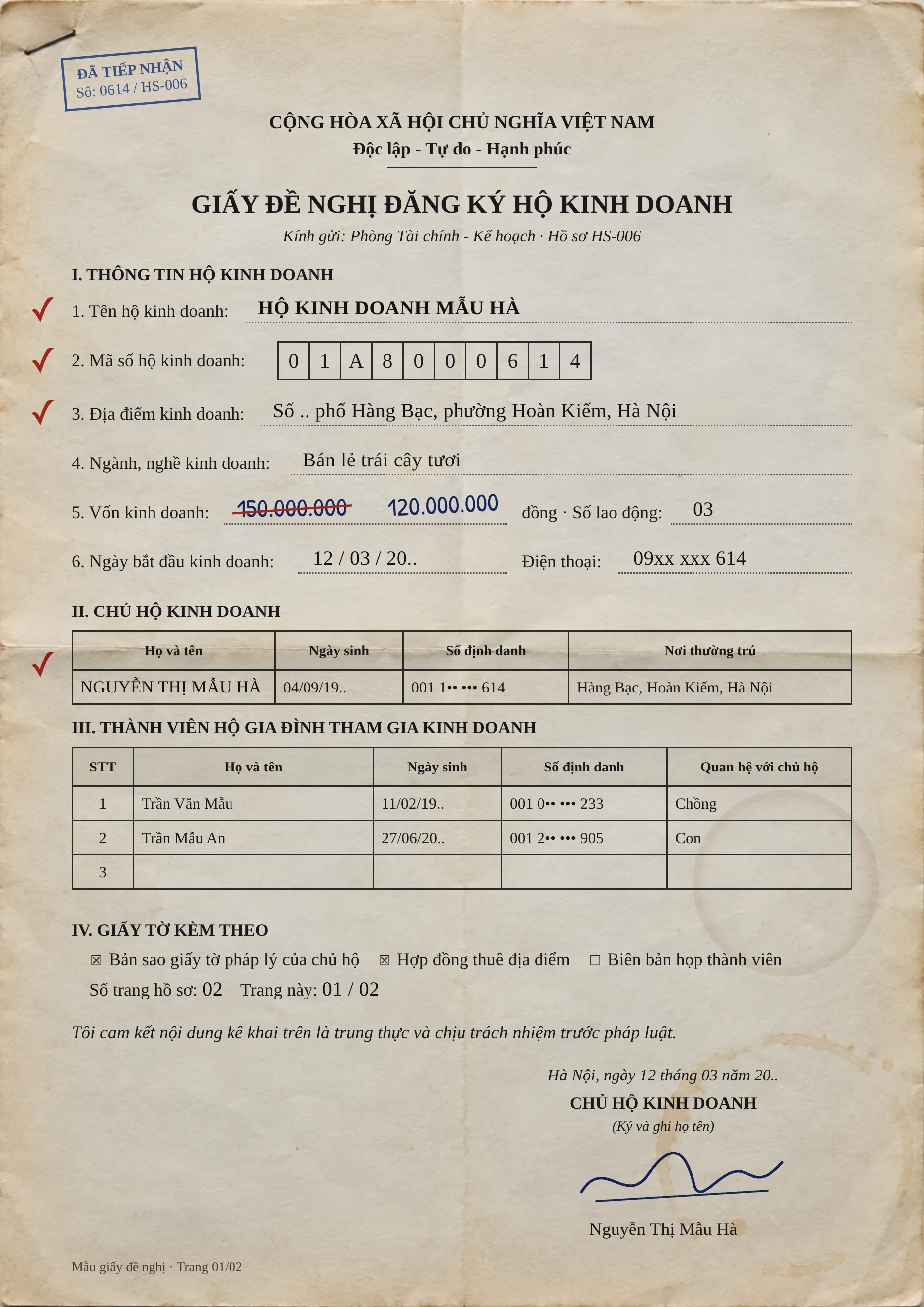 Illustration: sample record HS-006, matching fields ticked, fake data.
